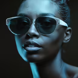 a woman in sunglasses looking forward while wearing a dark background