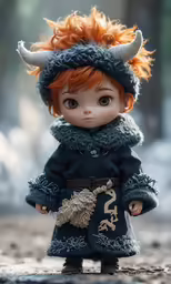 an adorable doll dressed in an old fashioned costume with horns