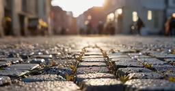 the cobblestone road is clean and empty for everyone to see