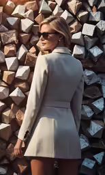 a beautiful young woman in sunglasses poses by a pile of stones