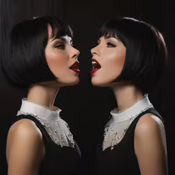 two women with short black hair and red lipstick
