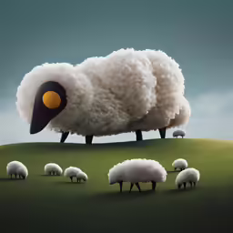 a herd of sheep in a field next to a black and white painting