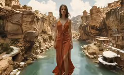 a woman is posing in front of a lake