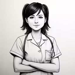 a drawing of a nurse looking into the camera