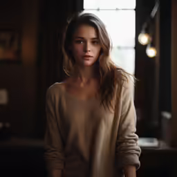 a beautiful woman wearing a sweater stands in front of a window