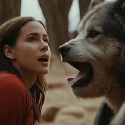 a young lady standing with a wolf on the other side
