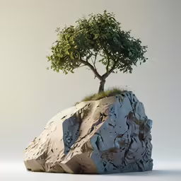 a rock has a small tree growing on top of it