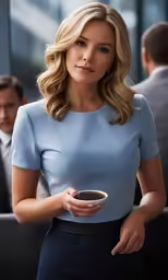 a woman in a blue dress with her bowl in her hands