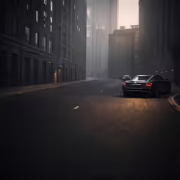 a black car parked next to some tall buildings