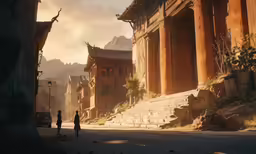 a painting of two people walking down an old street
