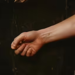 a hand holding something out over the ground