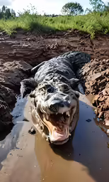 a dog that is sitting in the mud with its mouth open