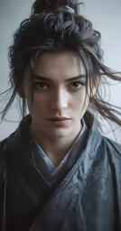 a woman with a bun tied up to her side