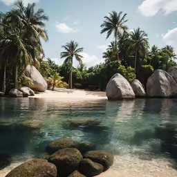 a sandy beach with palm trees and boulders in it