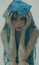 a woman wearing a towel and holding her head