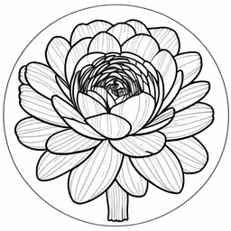 a black and white image of a flower,a large flower in a circle,a large flower is in a circular outlined drawing,the drawing of a large flower on a white background,an outline of a flower in a circle