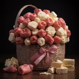 a close up of a basket of food on a table