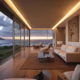 a large living room with glass walls overlooking the ocean