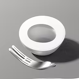 a small white bowl next to a fork and knife