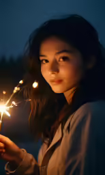 a woman holding out a sparkler outside at night