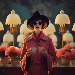 woman with large pink hat and sunglasses holding cup,a woman wearing sunglasses holding a cup of coffee