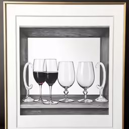 a group of wine glasses are arranged on a ledge