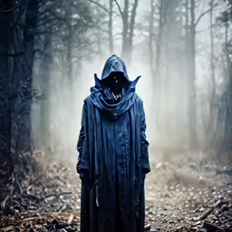 a man in a hooded jacket walking through a foggy forest