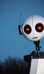 white robot looking into the distance with orange eyes