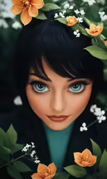 a woman in blue eyes and flowers with her head up