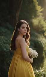 a woman in a yellow dress looking at the camera