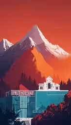a snow covered mountain with trees on the top,an artistic image of a mountain and building against a red sky