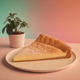 a slice of pie sits on a white plate