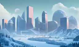 an image of futuristic city landscape on snowy day