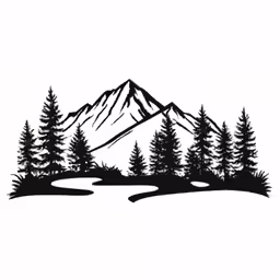 a black and white silhouette of trees with a mountain in the background