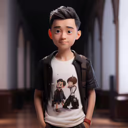 a doll with asian children standing in an office building,a photo of a boy wearing a tshirt