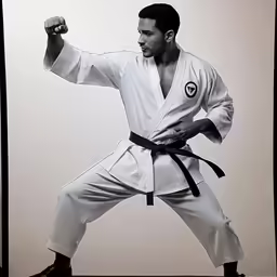 a black and white photo of a man in karate attire