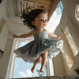 a little girl in blue is jumping up and down