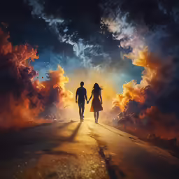 two people walking in the middle of an empty road