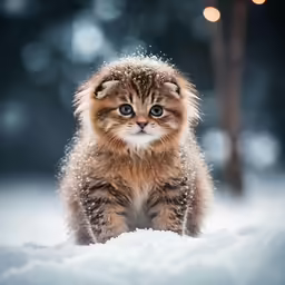 a kitten looks to its left, while sitting in the snow
