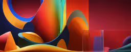 a colorful abstract wall with three vases,some multicolored art is in an empty room