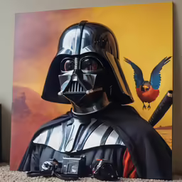 a man wearing a darth vader helmet and holding a camera