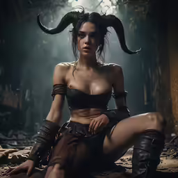 an evil woman sits in the woods with horns