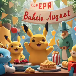 cartoon pikachu and friends having some fun at the picnic table