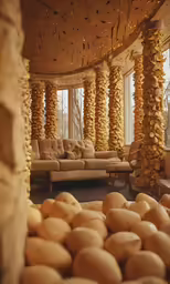 a couch and chairs with columns made of wooden chips