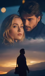 two people are facing each other and the sky is in the background