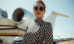 woman in a polka dotted blouse wearing sunglasses and standing next to an airplane