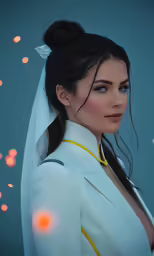 a close up view of a woman with blue eyes in white