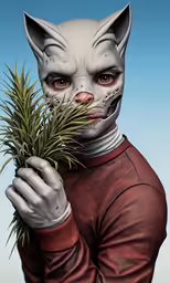 a man is shown as he has an image of a cat holding grass