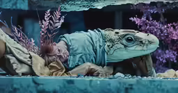a boy in blue shirt laying on top of a turtle