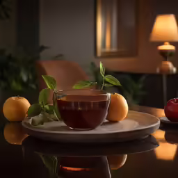 there is a cup with green tea and a fruit